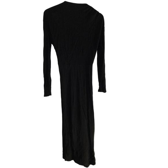 Atlein Dress Long Sleeve Side Ruched Asymmetrical Hem Midi Faux Wrap Black Large - Picture 4 of 8